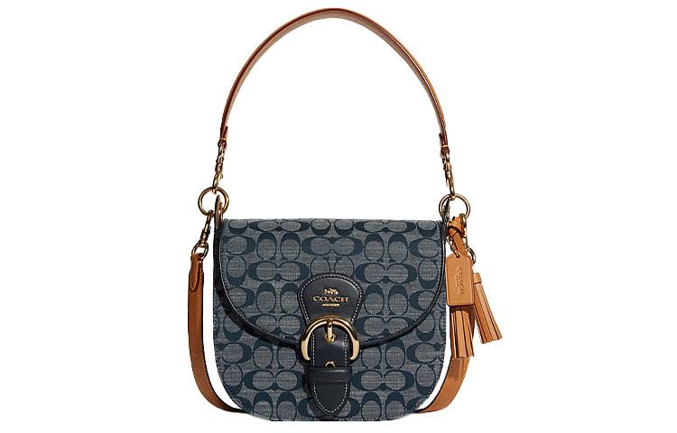 Coach Coach Kleo Fabric Cow Leather Patchwork Saddle Bag Shoulder Bag Medium Size Women's Denim Blue & Taupe