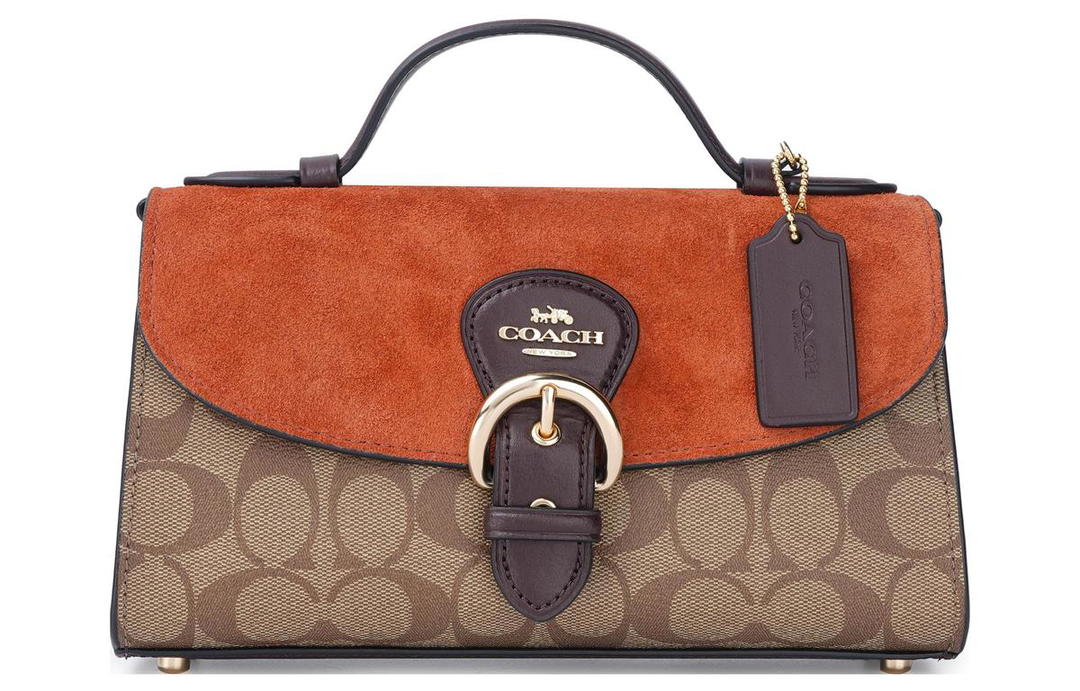 Coach Coach Kleo Canvas Cow Leather Patchwork Handbag Shoulder Bag Crossbody Bag Medium Size Women's Orange/brown