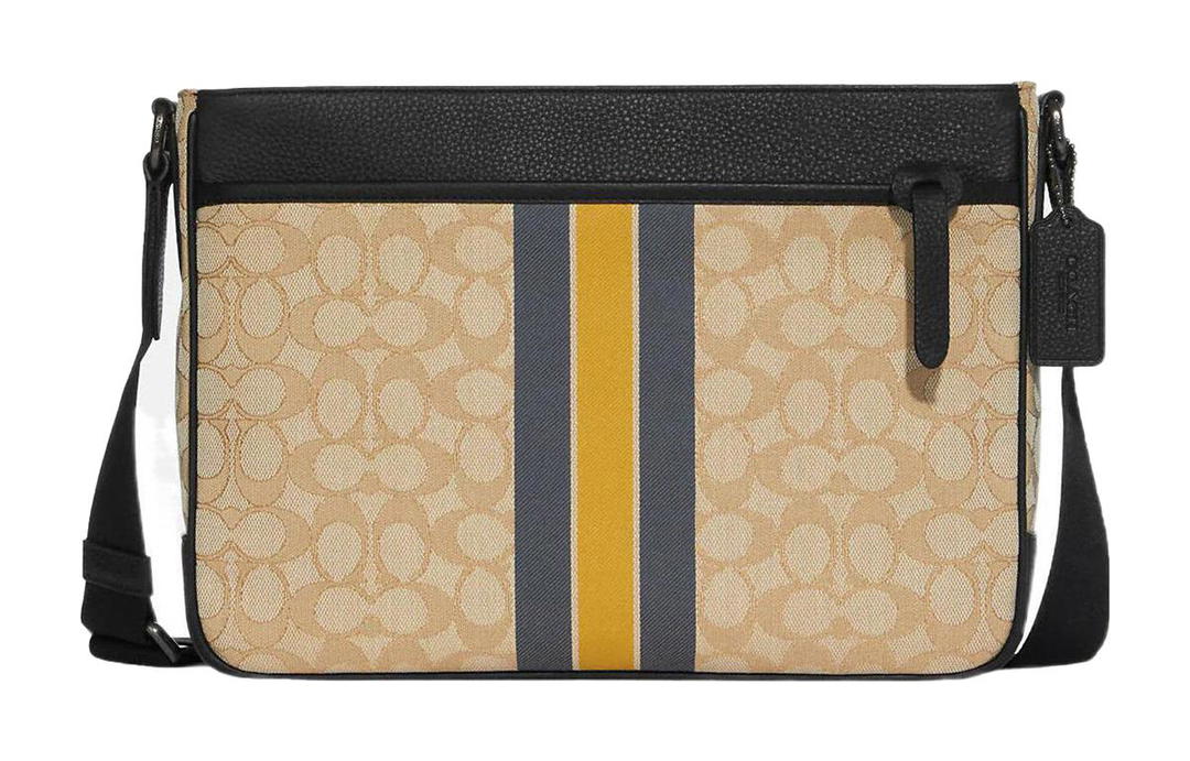 Coach Coach Thompson Leather Laptop Briefcase Crossbody Bag Large Size Men's Light Khaki With Yellow Accents