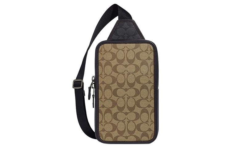 Coach Coach Sullivan Coated Canvas With Pebbled Leather Shoulder Bag Crossbody Bag Small Size Men's Khaki