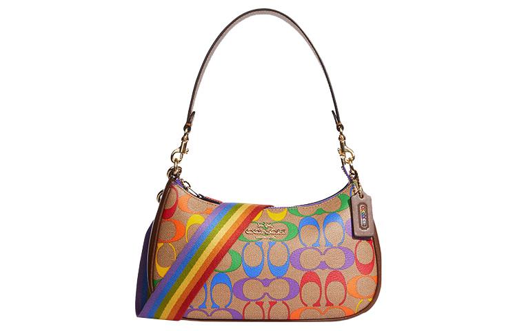 Coach Coach Teri Canvas With Leather Handbag Shoulder Bag Crossbody Bag Medium Size Women's Brown Rainbow