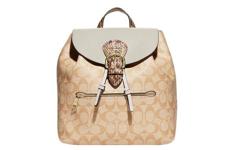 Coach Coach Kleo Pebble Snakeskin Print Leather With Canvas Backpack Medium Size Women's Khaki & Monogram