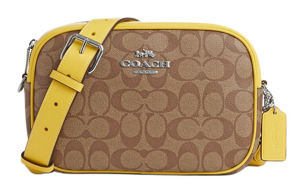 Coach Coach Jamie Canvas With Leather Shoulder Bag, Crossbody Bag Medium Size Women's Silver & Khaki & Vintage Yellow