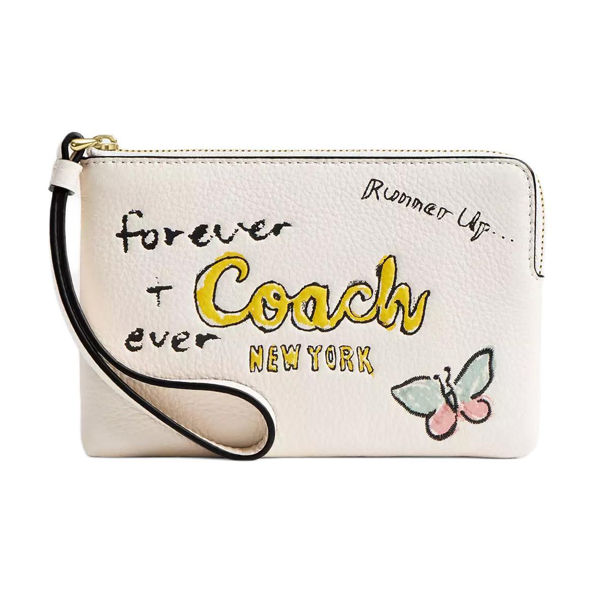Coach Coach Corner Zip Pebbled Leather Wallet Small Size Women's Gold & Chalk Multicolor