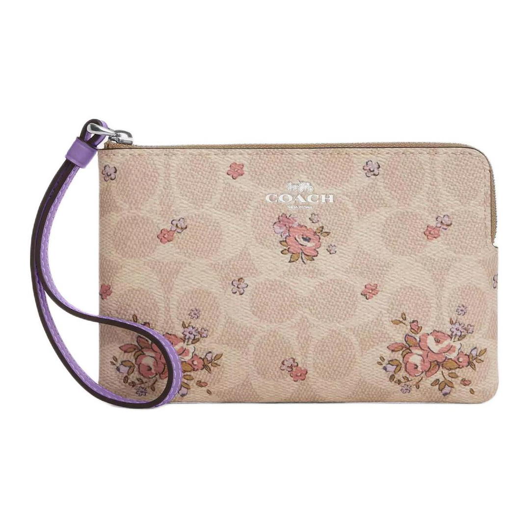 Coach Coach Corner Zip Coated Canvas Clutch Small Size Women's Silver & Sand Multicolor