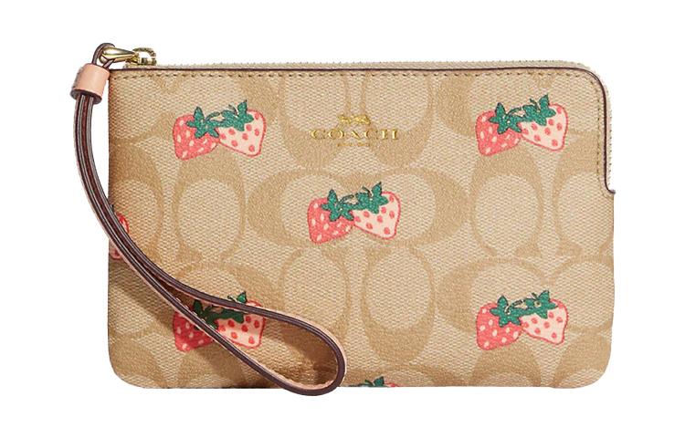 Coach Coach Corner Zip Coated Canvas With Leather Coin Purse Wrist Bag Small Size Women's Light Khaki