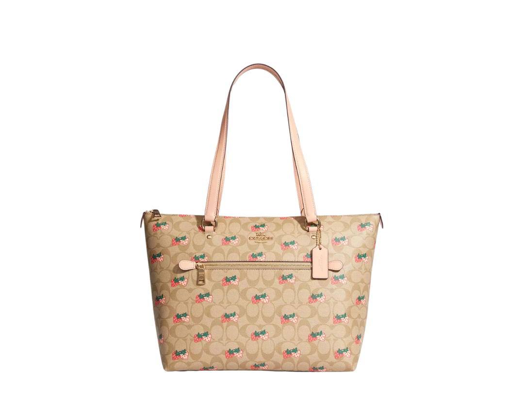 Coach Coach Gallery Tote Bag In Signature Canvas With Strawberry Print Gold Hardware Light Khaki Multi