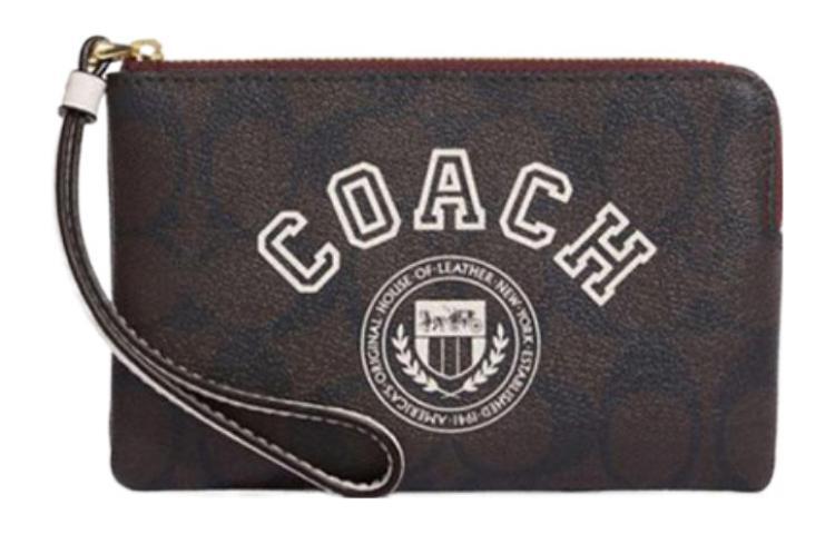 Coach Coach Corner Zip Artificial Leather Wrist Bags Clutches Small Size Women's Brown & Chalk White