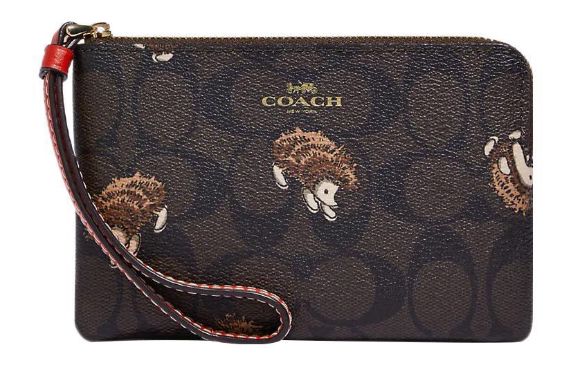 Coach Coach Corner Zip Coated Canvas With Leather Wrist Bags Clutches Small Size Women's Brown Black