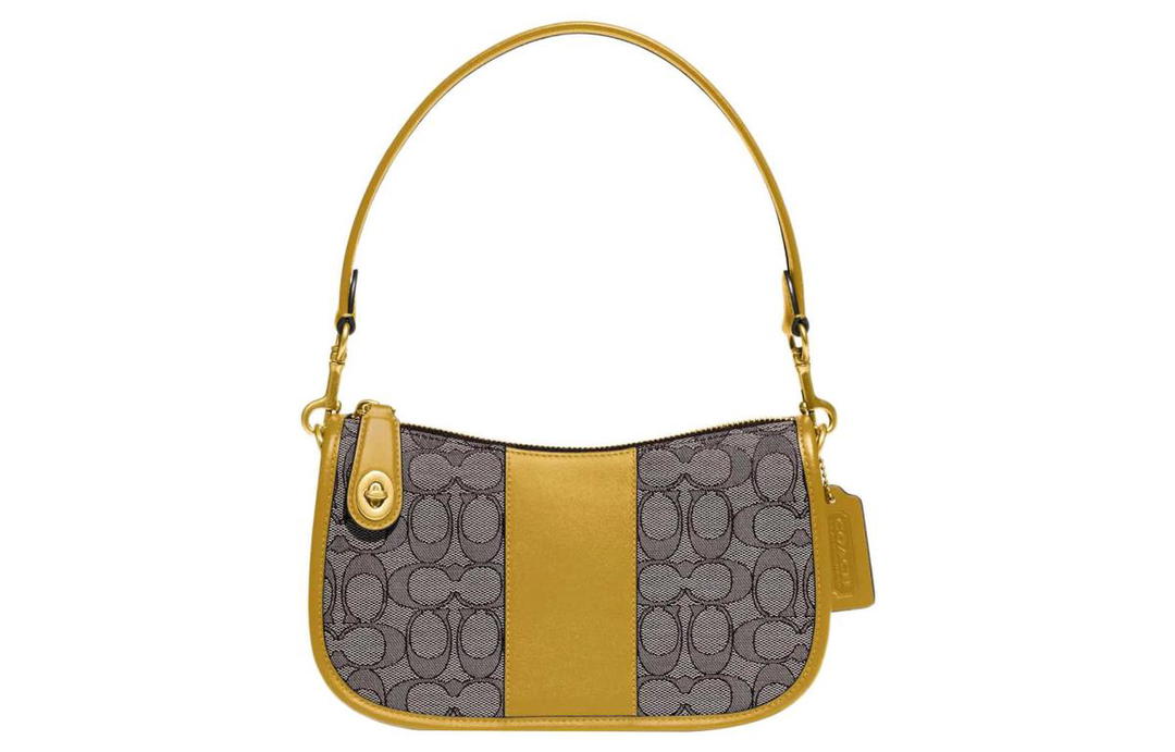 Coach Coach Swinger Fabric With Leather Shoulder Bag Crossbody Bag Handbag Medium Size Women's Gray & Yellow