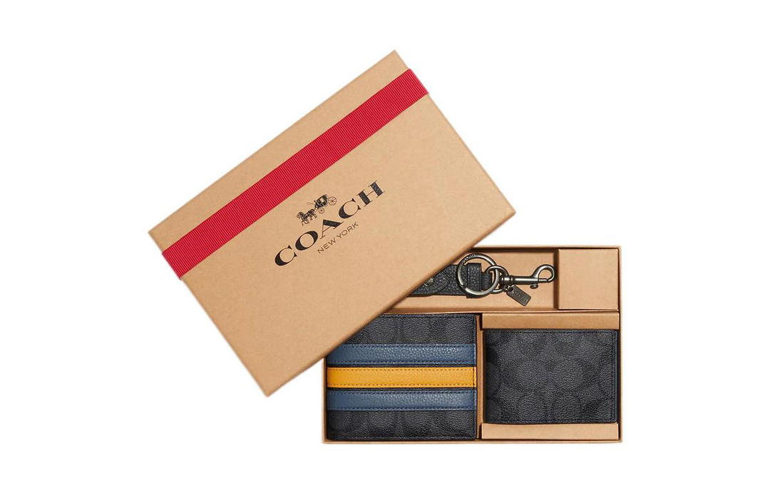 Coach Coach 3 IN 1 Wallet Canvas With Pebbled Leather Card Holder Wallet Men's Charcoal And Denim Color