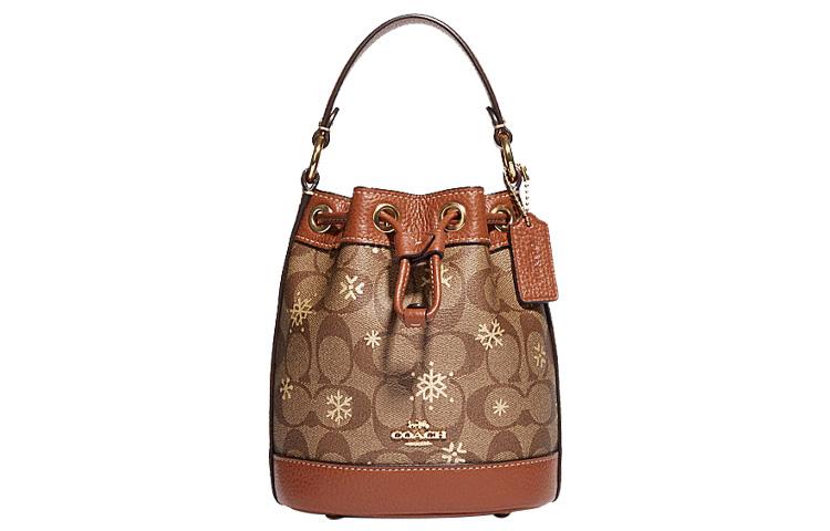 Coach Coach Dempsey Cow Leather Patchwork Bucket Bag Handbag Shoulder Bag Crossbody Bag Mini Women's Brown