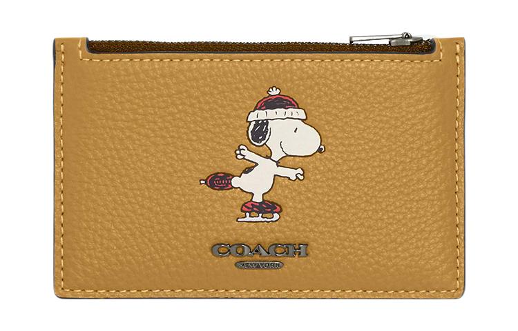Coach Coach Peanuts Snoopy Collaboration Card Case Refined Pebbled Cow Leather Coin Purses Card Holders Mini Women's Linen