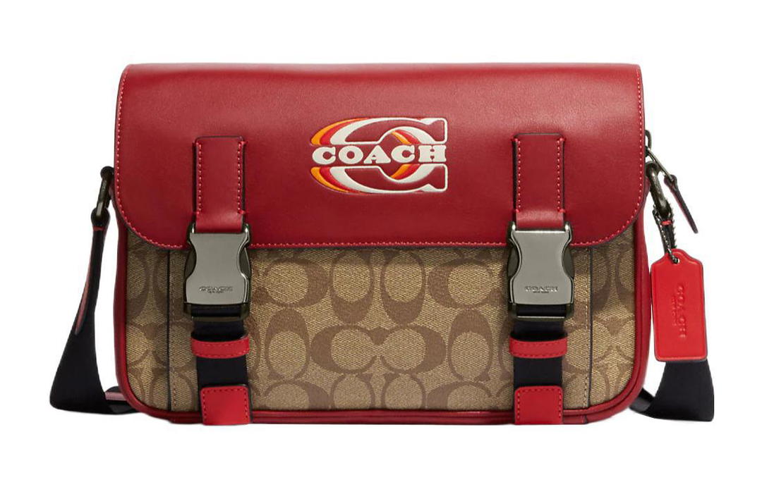 Coach Coach Track Cow Leather Shoulder Bag Crossbody Bag Large Size Men's Red & Khaki