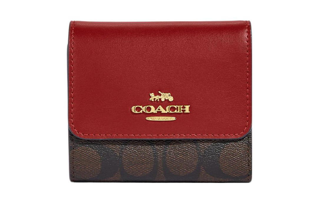 Coach Coach Trifold Wallet Signature Coated Canvas With Smooth Leather Card Holder Wallet Small Size Women's Brown & Red