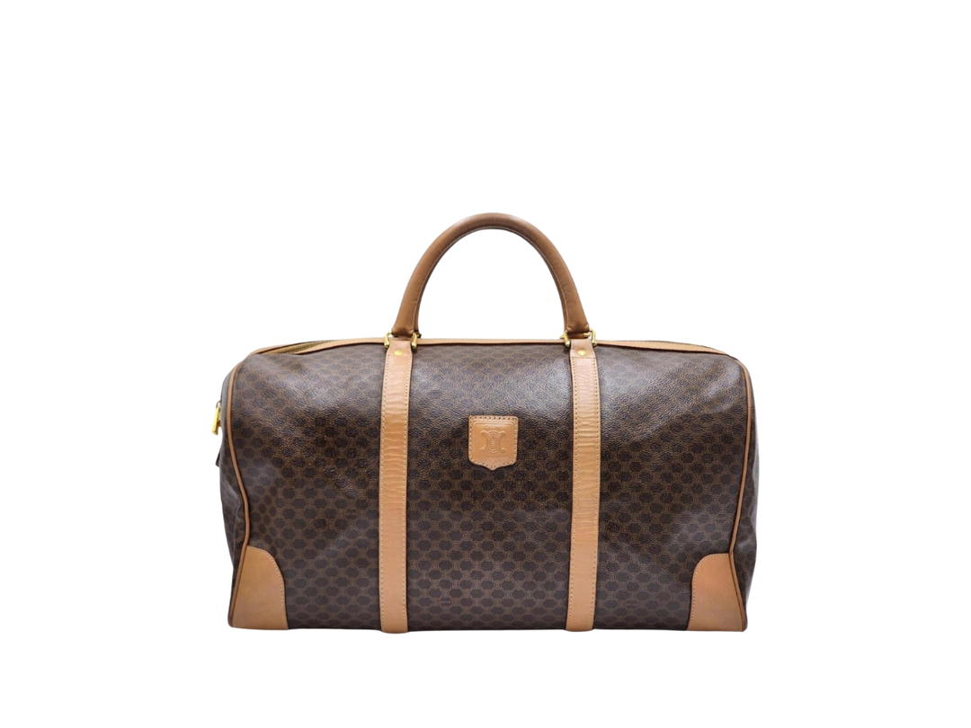 Celine Celine Macadam Triomphe Boston Duffel Travel Bag In Canvas And Brown Leather With Gold Hardware Brown
