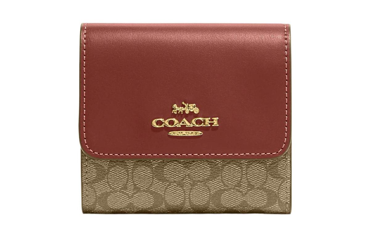Coach Coach Trifold Wallet Canvas With Leather Card Holder Wallet Small Size Women's Brown & Khaki