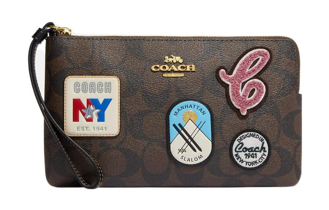 Coach Coach Corner Zip Artificial Leather Clutch Wrist Bag Large Size Women's Brown Black