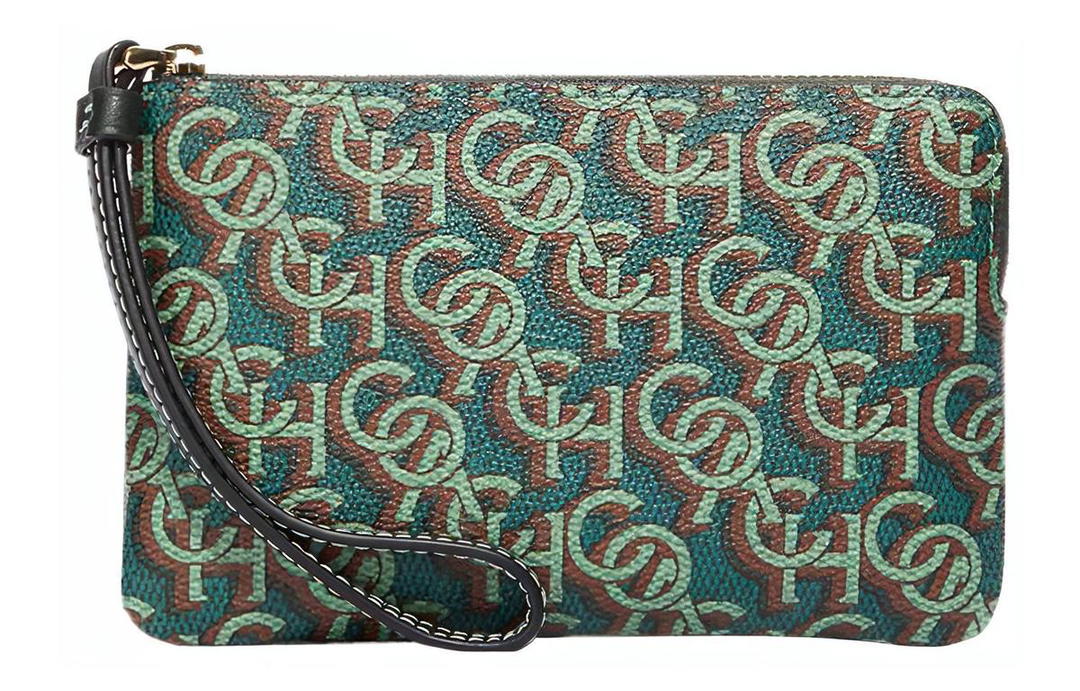 Coach Coach Corner Zip Canvas With Leather Wrist Bags Clutches Small Size Women's Green