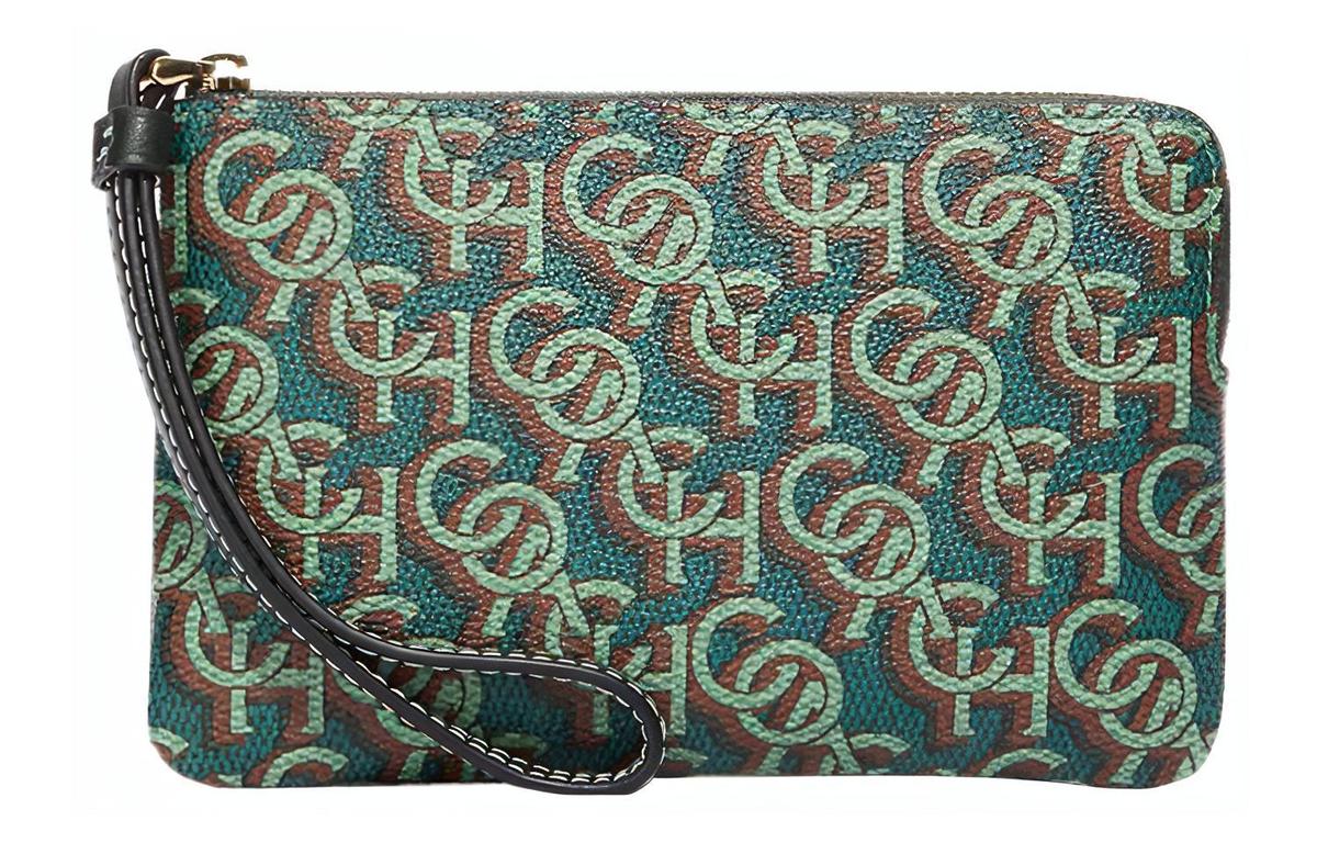 Coach Coach Corner Zip Canvas With Leather Wrist Bags Clutches Small Size Women's Green