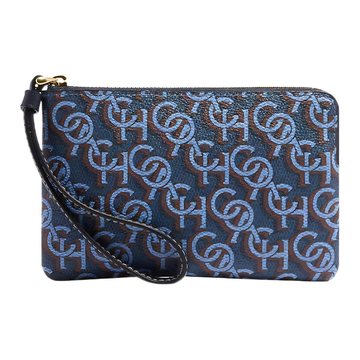 Coach Coach Corner Zip Canvas With Leather Wrist Bags Clutches Small Size Women's Navy