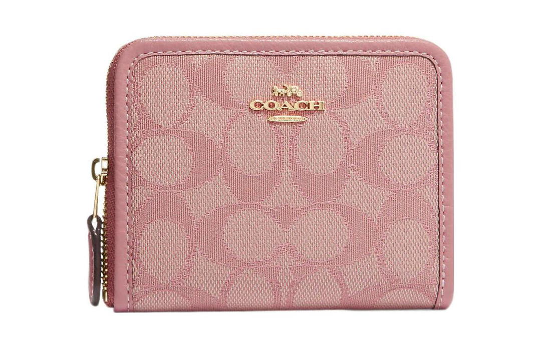 Coach Coach Zip Around Pebbled Leather Coin Purse Card Holder Wallet Women's Pink