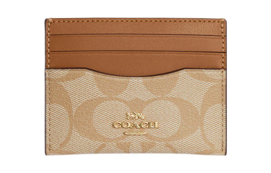 Coach Coach Card Case Coated Canvas With Leather Card Holder Women's Light Khaki