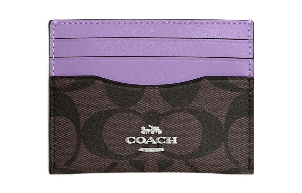 Coach Coach Card Case Canvas With Leather ID Card Holder Card Clip Card Wallet Women's Dark Brown With Purple Accents