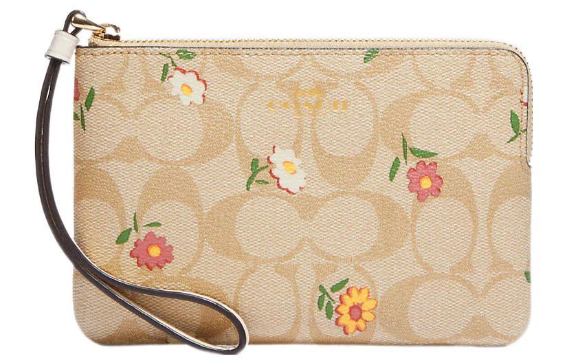 Coach Coach Corner Zip Canvas And Smooth Leather Wrist Bags Clutches Small Size Women's Light Khaki