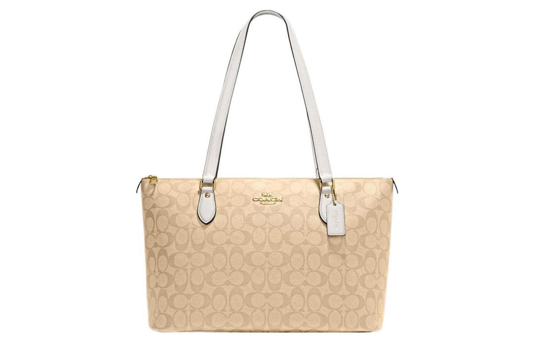 Coach Coach Zip Top Tote Coated Canvas With Leather Tote Bag Shopping Bag Handbag Shoulder Bag Women's Khaki White Multicolor