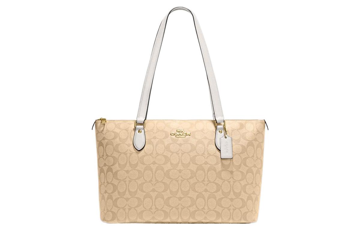 Coach Coach Zip Top Tote Coated Canvas With Leather Tote Bag Shopping Bag Handbag Shoulder Bag Women's Khaki White Multicolor