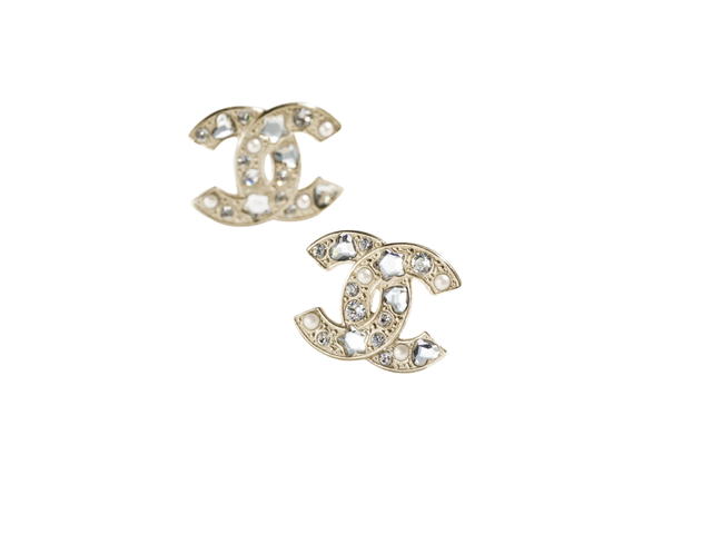 Chanel Chanel Stud Earrings In Pearly White And Crystal With Metal Glass Pearls And Diamantés Hardware Gold - view 1