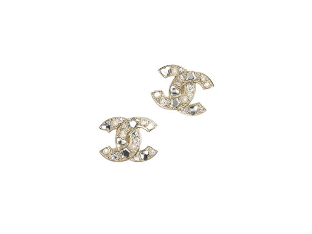 Chanel Chanel Stud Earrings In Pearly White And Crystal With Metal Glass Pearls And Diamantés Hardware Gold - view 2