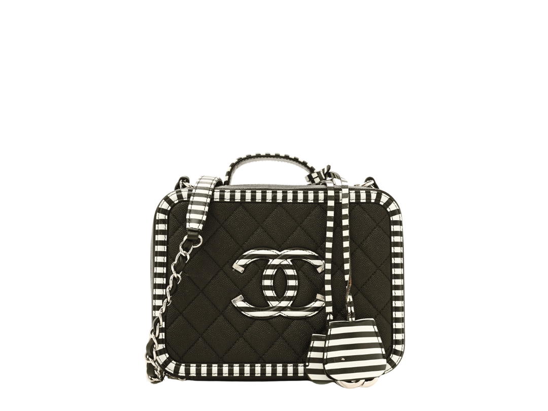 Chanel Chanel Caviar Quilted Striped Medium CC Filigree Vanity Case In Silver Hardware With Black White