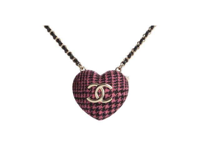 Chanel Chanel Heart Locket Pendant Necklace In Gold Plated tweed With Gold Hardware Pink Black - view 1