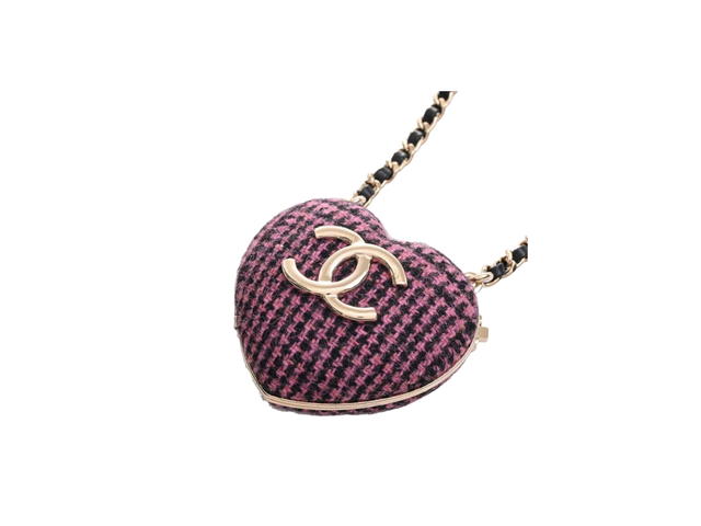 Chanel Chanel Heart Locket Pendant Necklace In Gold Plated tweed With Gold Hardware Pink Black - view 3