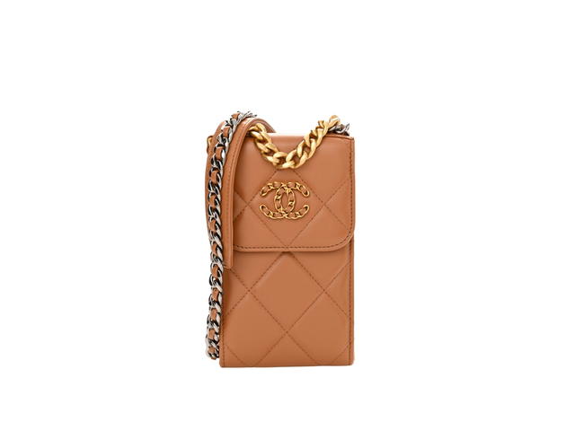 Chanel Chanel Lambskin Quilted Phone Holder With Chain Brown - view 1