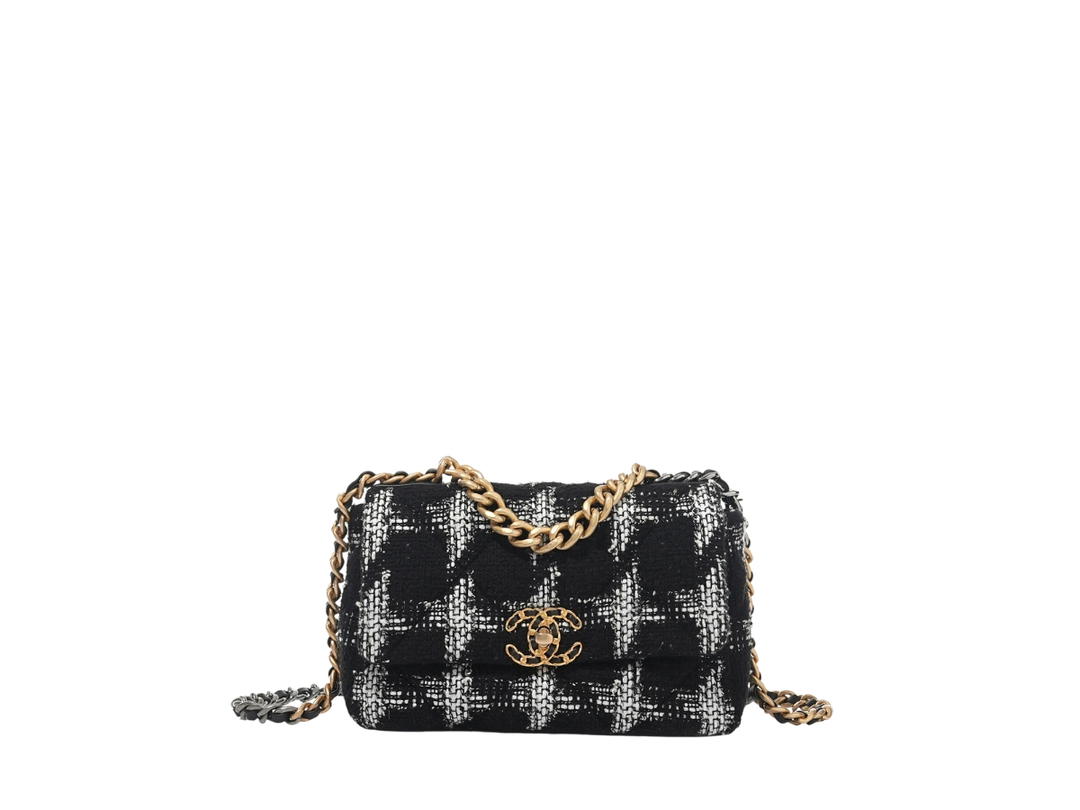 Chanel Chanel Medium 19 Flap Tweed Quilted In Black White Tweed With Gold Hardware