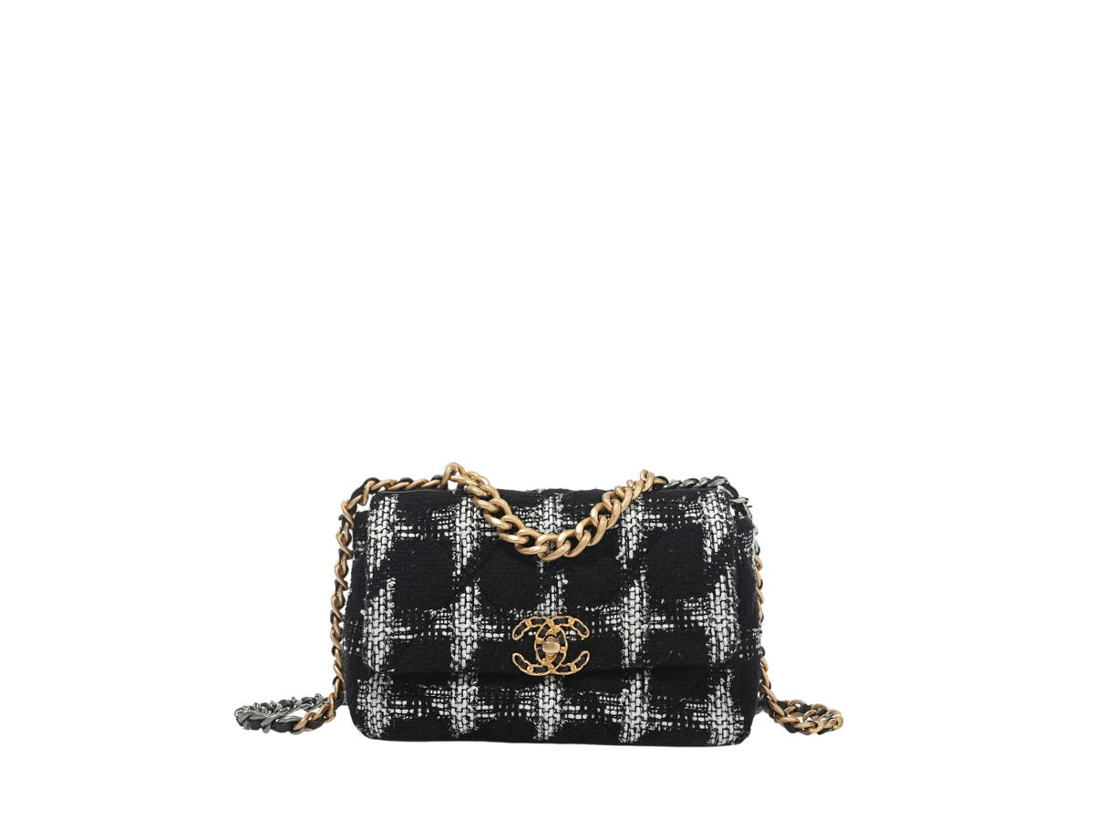 Chanel Chanel Medium 19 Flap Tweed Quilted In Black White Tweed With Gold Hardware