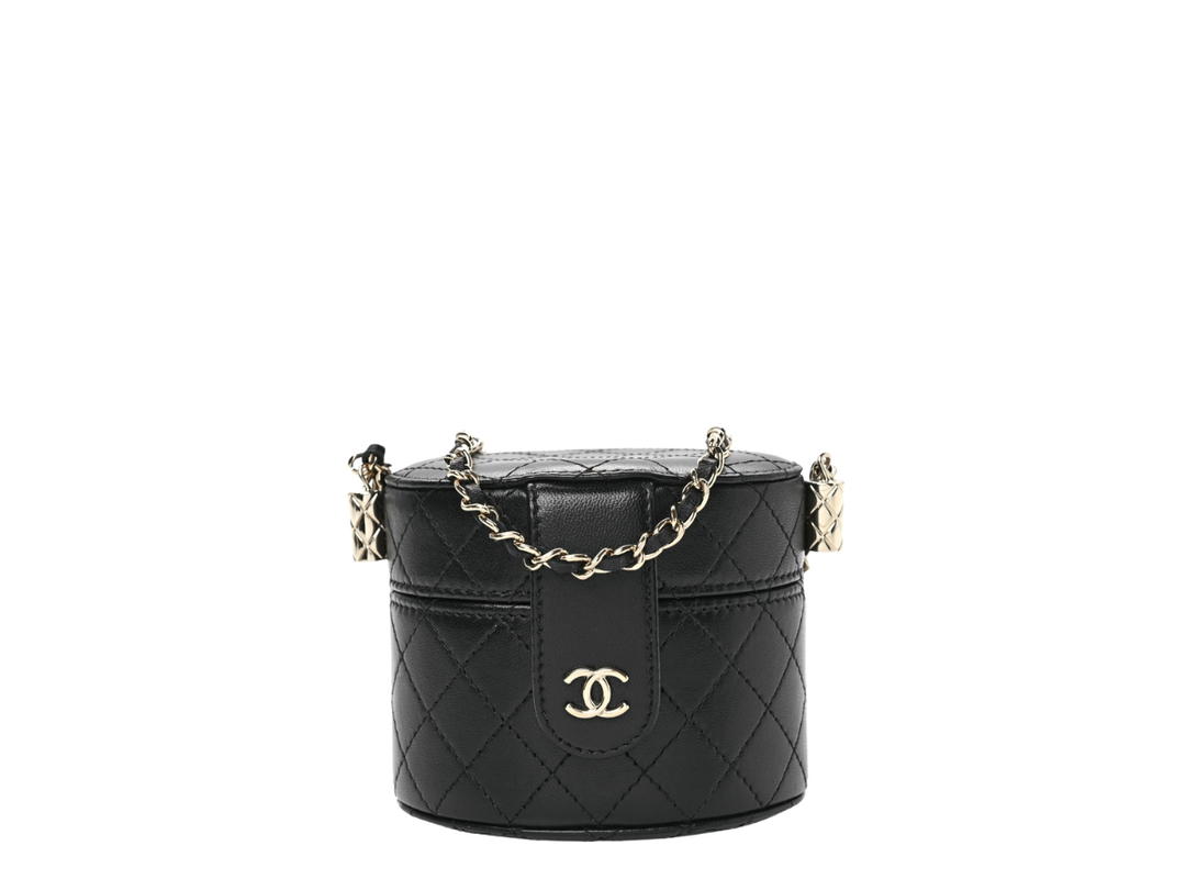Chanel Chanel Quilted Mini Round Vanity Case In Black Lambskin Leather With Silver Hardware