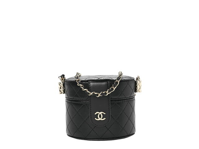 Chanel Chanel Quilted Mini Round Vanity Case In Black Lambskin Leather With Silver Hardware - view 1