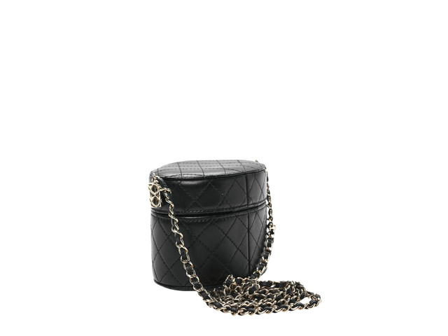 Chanel Chanel Quilted Mini Round Vanity Case In Black Lambskin Leather With Silver Hardware - view 2