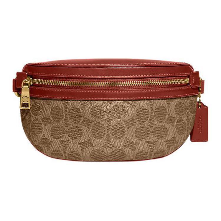 Coach Coach Belt Coated Canvas With Calfskin One Shoulder Crossbody Fanny Pack Small Size Women's Tan