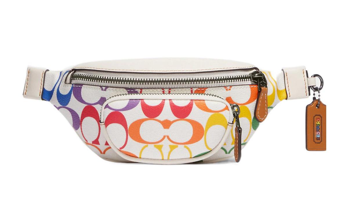 Coach Coach Sprint Coated Canvas With Smooth Calfskin Crossbody Bag Sling Bag Fanny Pack Medium Size Men's White & Rainbow