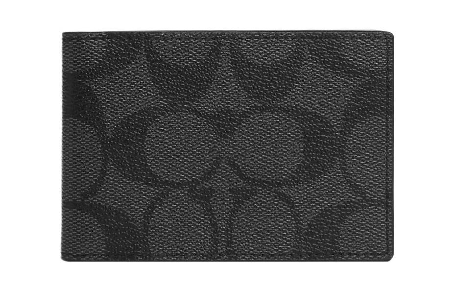 Coach Coach Billfold Wallet Coated Canvas With Calfskin Card Slot Document Set Coin Purse Wallet Unisex Black