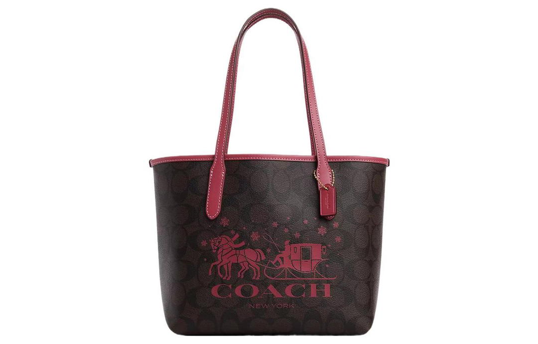 Coach Coach City Coated Canvas With Smooth Leather Tote Bag Shopping Bag Handbag Regular Women's Brown & Red