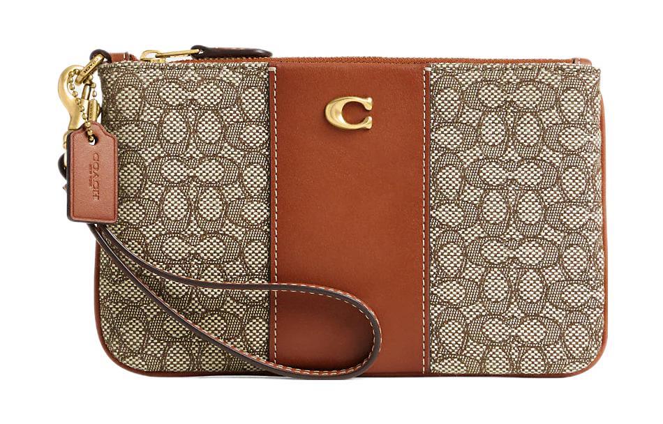 Coach Coach Wristlet Jacquard With Calfskin Clutch Wrist Bag Small Size Women's Gray & Brown