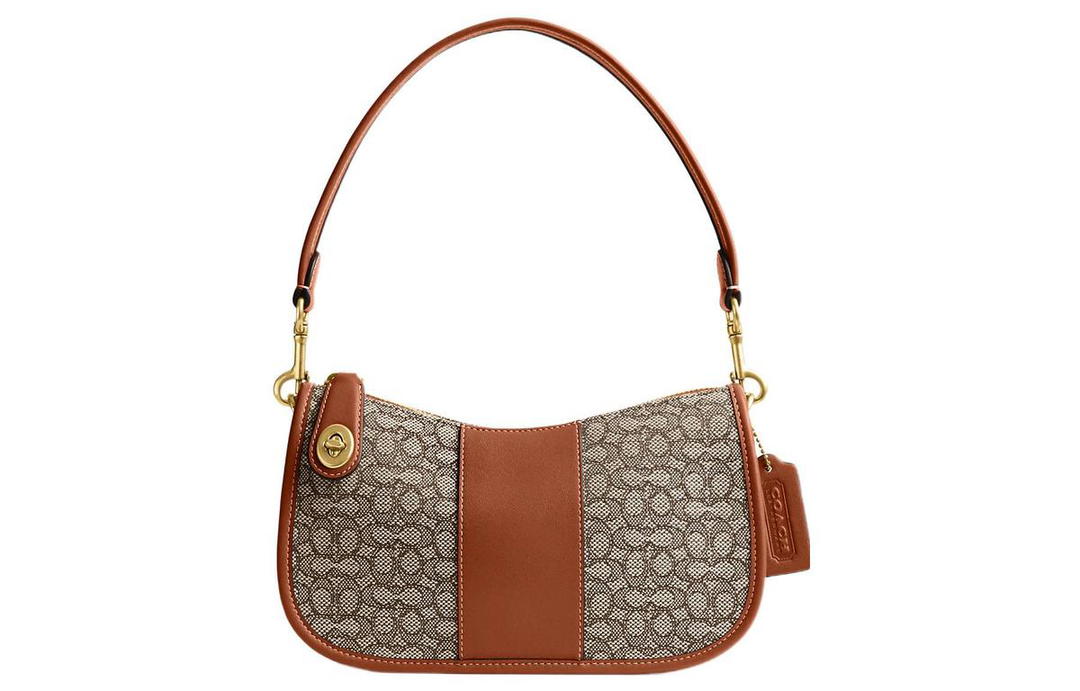 Coach Coach Swinger Jacquard With Leather Saddle Bag Handbag Shoulder Bag Women's Brown & Gray