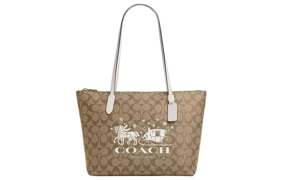 Coach Coach Tote Coated Canvas With Smooth Leather Tote Bag Shopping Bag Shoulder Bag Handbag Large Size Women's Khaki