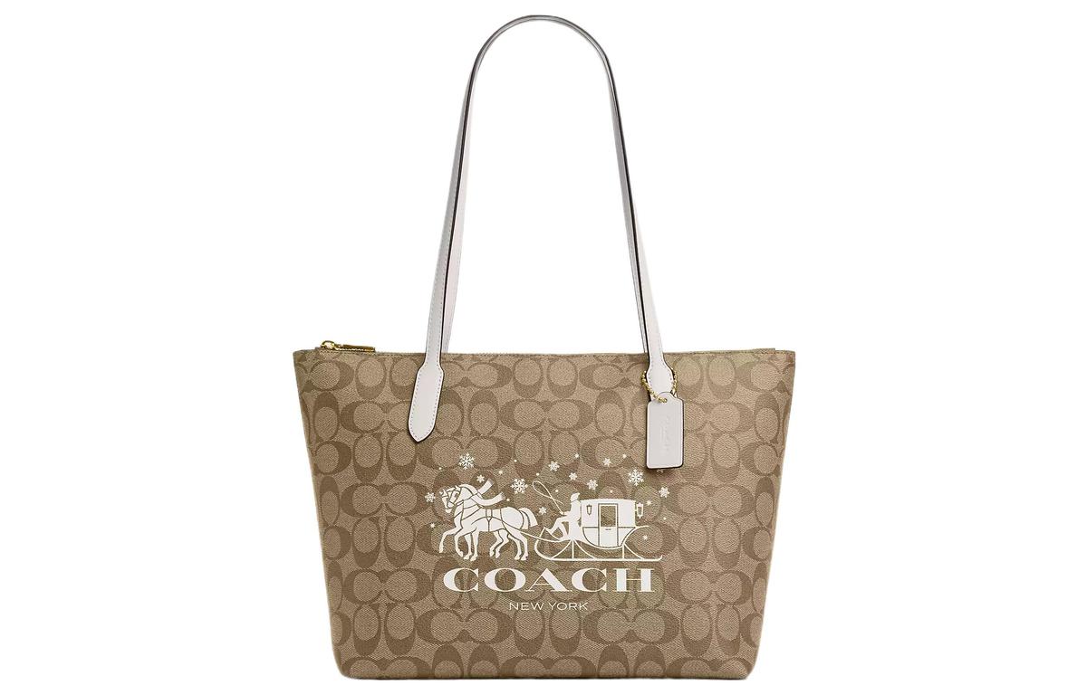 Coach Coach Tote Coated Canvas With Smooth Leather Tote Bag Shopping Bag Shoulder Bag Handbag Large Size Women's Khaki